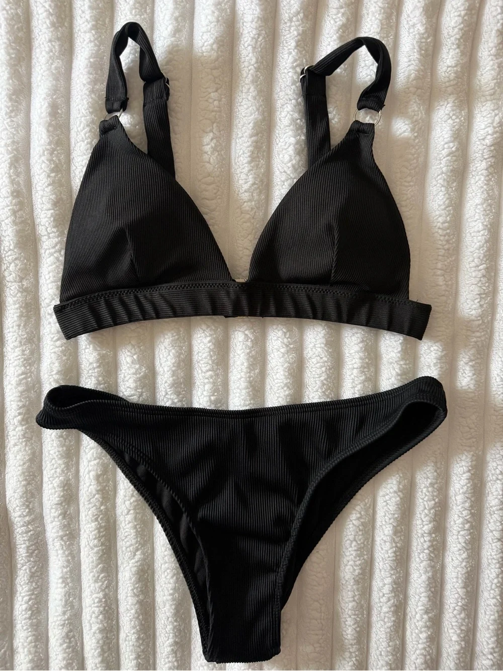 Black Ribbed Triangle Bikini Set - Women Swim